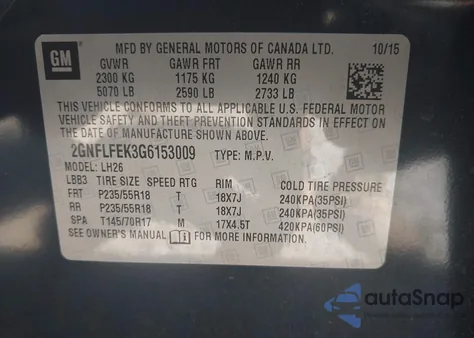 2016 Chevrolet Equinox Lt из США, поврежденный, VIN 2GNFLFEK3G6153009